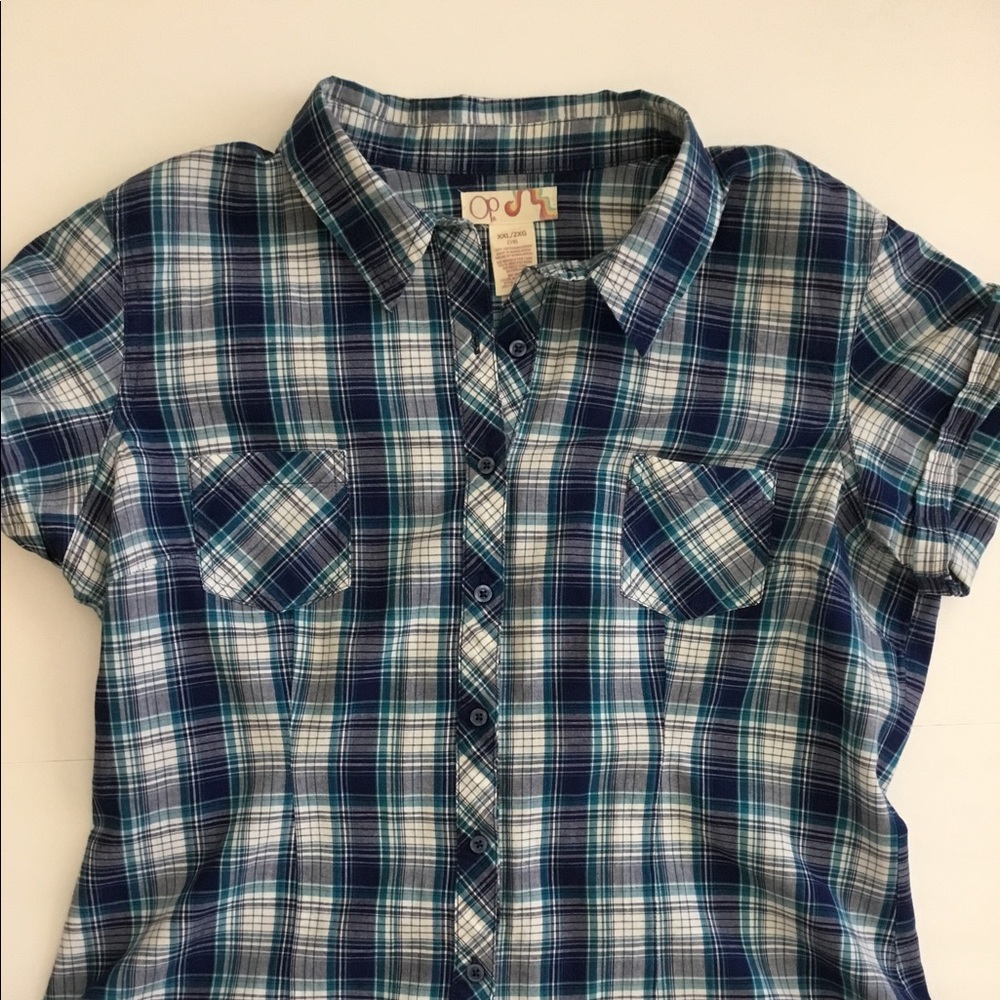 OP Girls Blouse Top Blue Plaid Short Sleeve Sz XXL